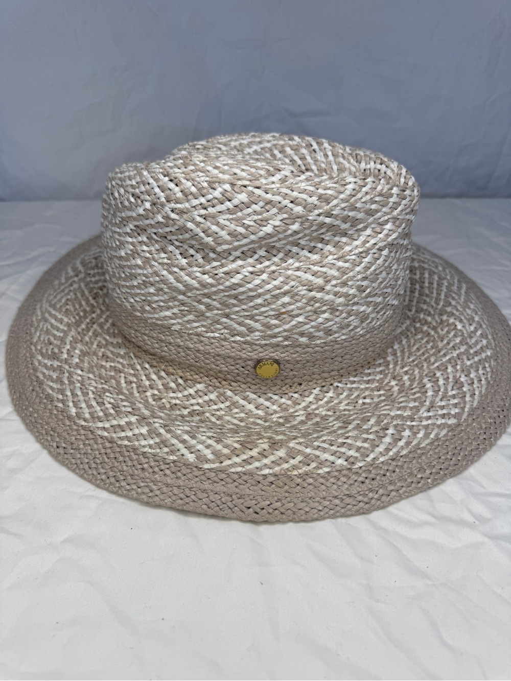 Armani Collezioni Neutral Two-Tone Straw Panama Hat with Button Detail